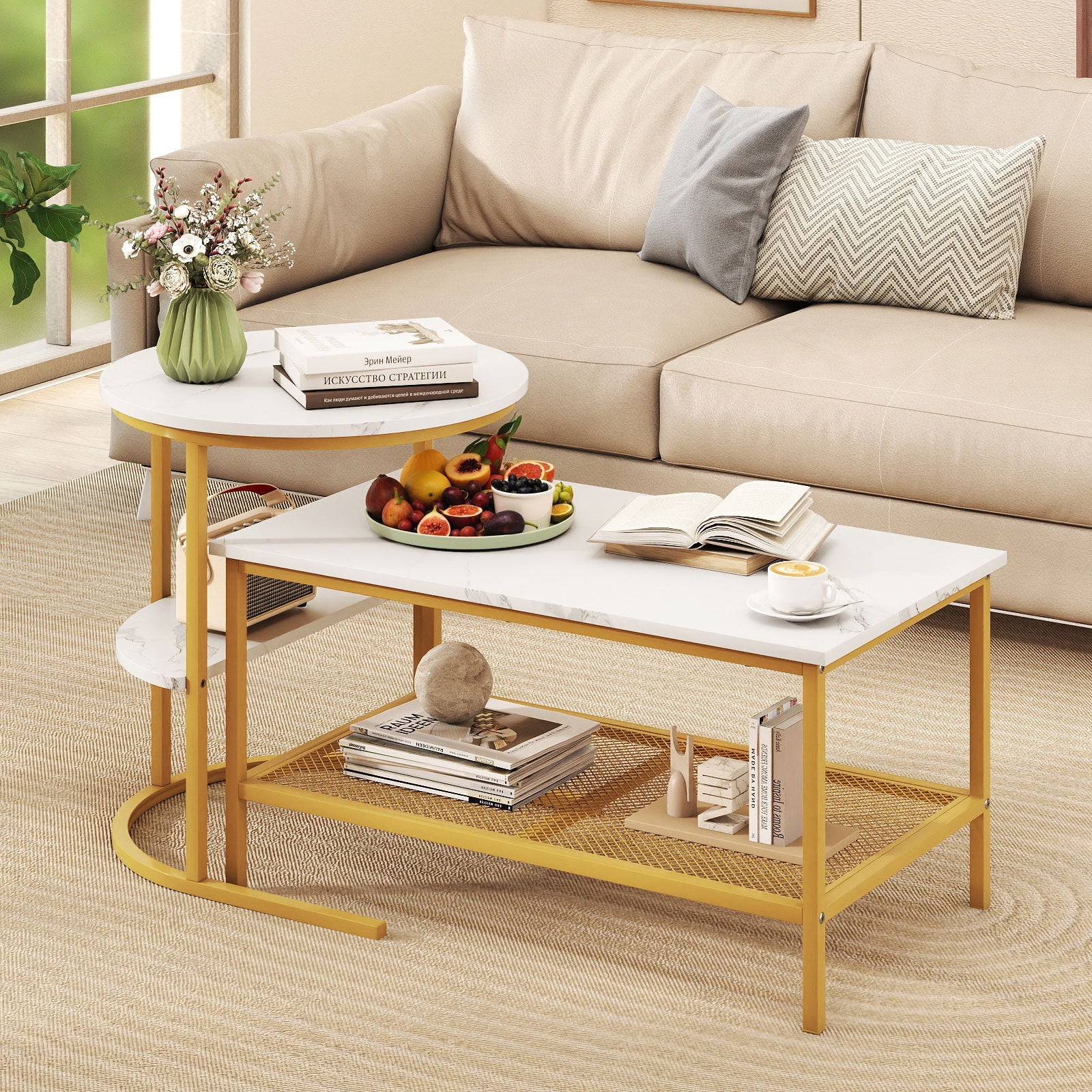 2-in-1 Modular Coffee Table Set with Faux Marble Top and Shelf, Round and Rectangular Tables for Living Room Bedroom Gold