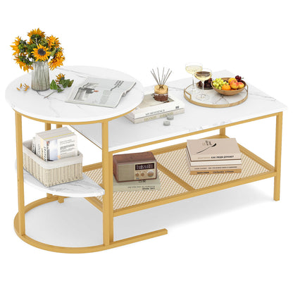 2-in-1 Modular Coffee Table Set with Faux Marble Top and Shelf, Round and Rectangular Tables for Living Room Bedroom Gold