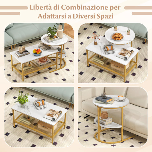 2-in-1 Modular Coffee Table Set with Faux Marble Top and Shelf, Round and Rectangular Tables for Living Room Bedroom Gold