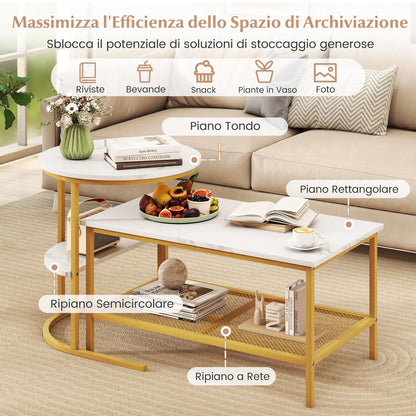 2-in-1 Modular Coffee Table Set with Faux Marble Top and Shelf, Round and Rectangular Tables for Living Room Bedroom Gold