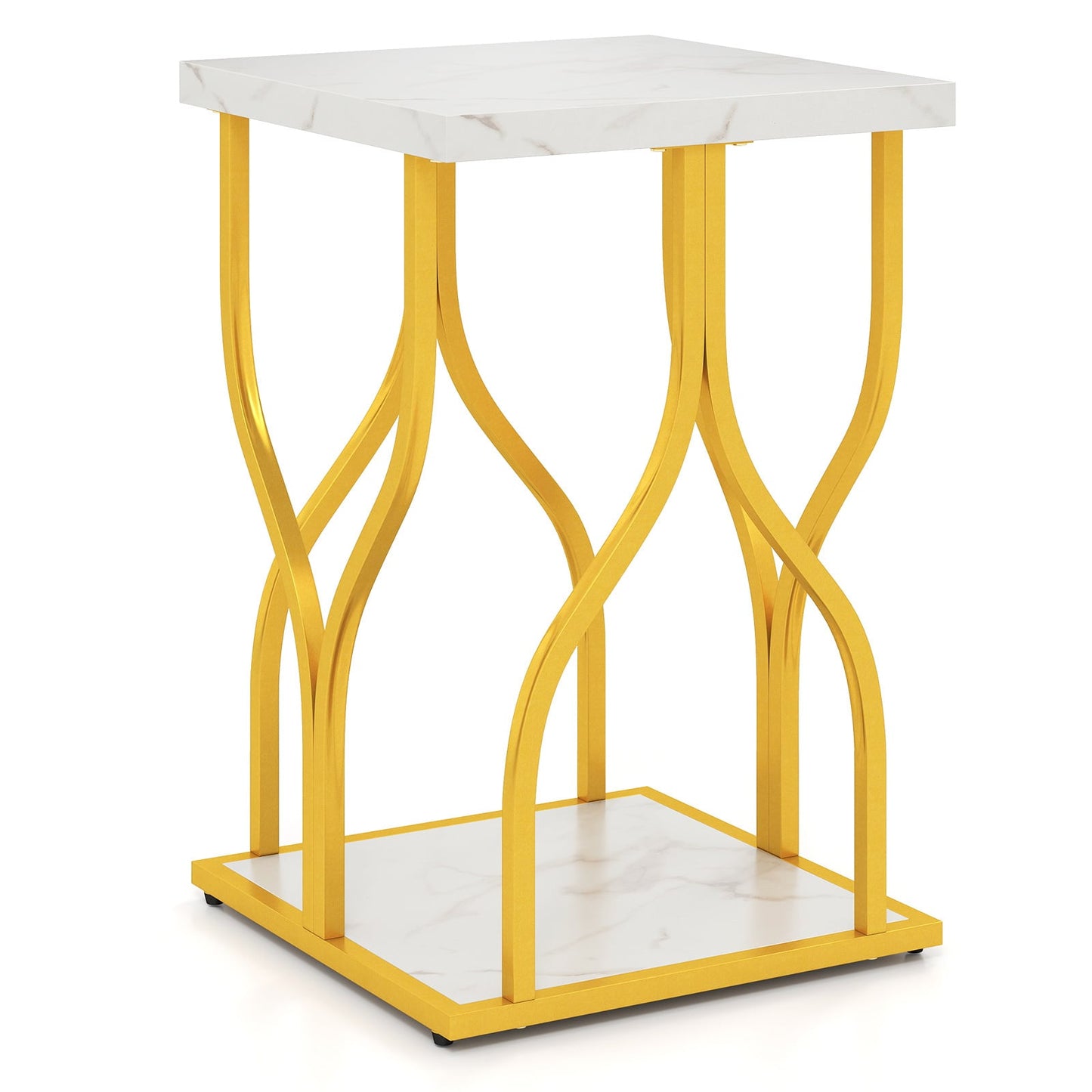 Set of 1 Faux Marble Nightstand with Storage Shelf for Bedroom Small Space-White