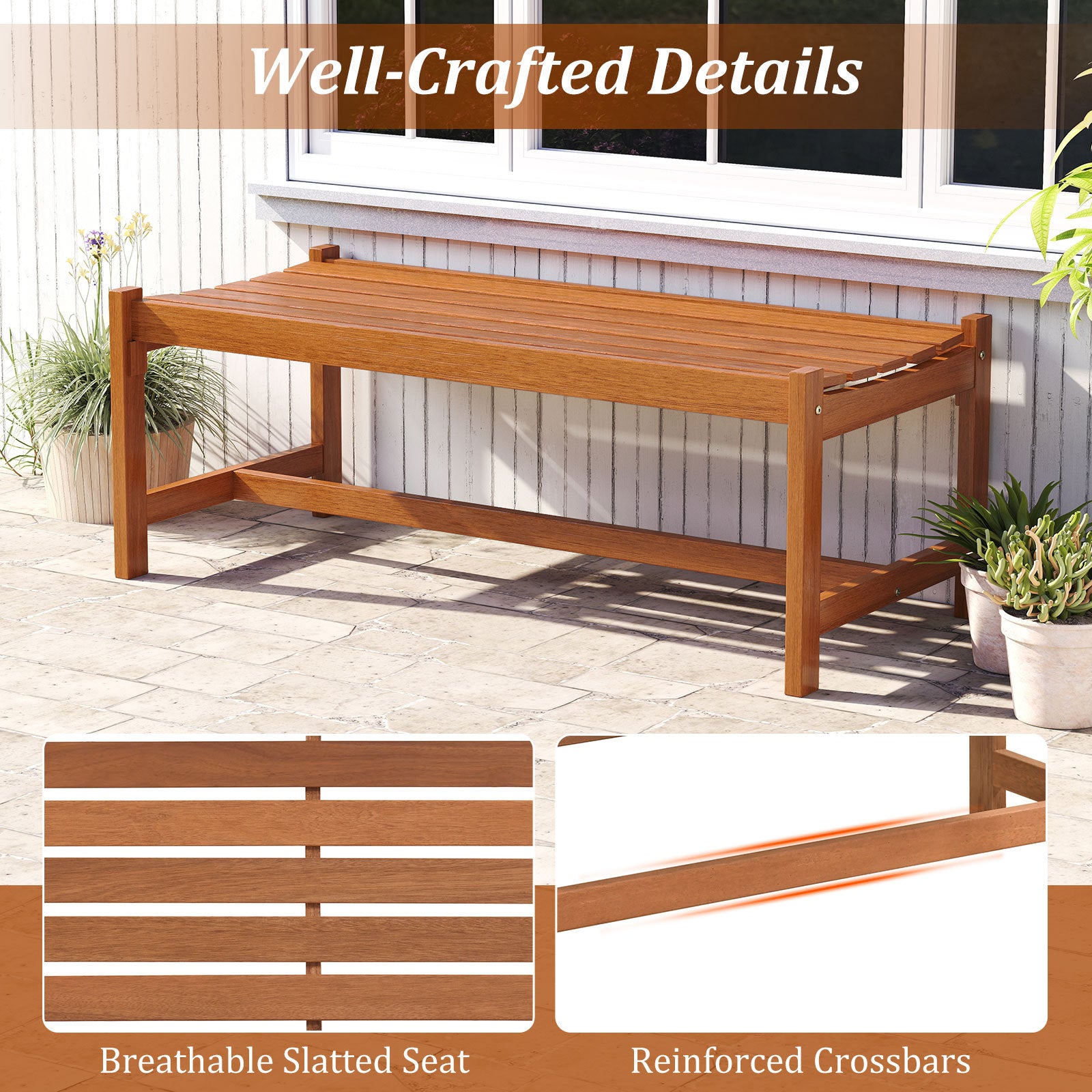 Set of 2 112cm Patio Wood Bench Set of 2 Outdoor Solid Hardwood Dining Bench