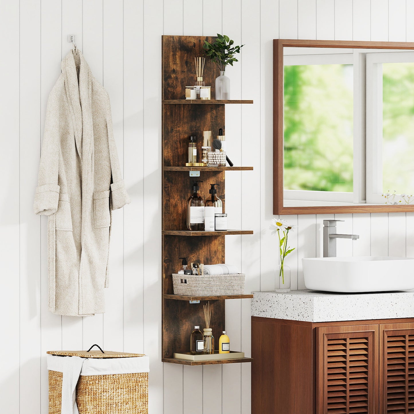 Set of 2 5-Tier Wall Shelves Vertical Floating Storage Shelf Unit-Rustic Brown