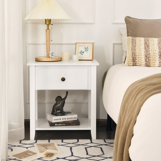 Set of 2 Accent Table Narrow Side End Table with 1 Drawer and Open Storage Shelf-White