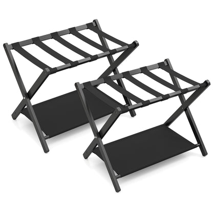 Set of 2 Bamboo Luggage Racks with Nylon Straps and Oxford Cloth Storage Shelves-Black