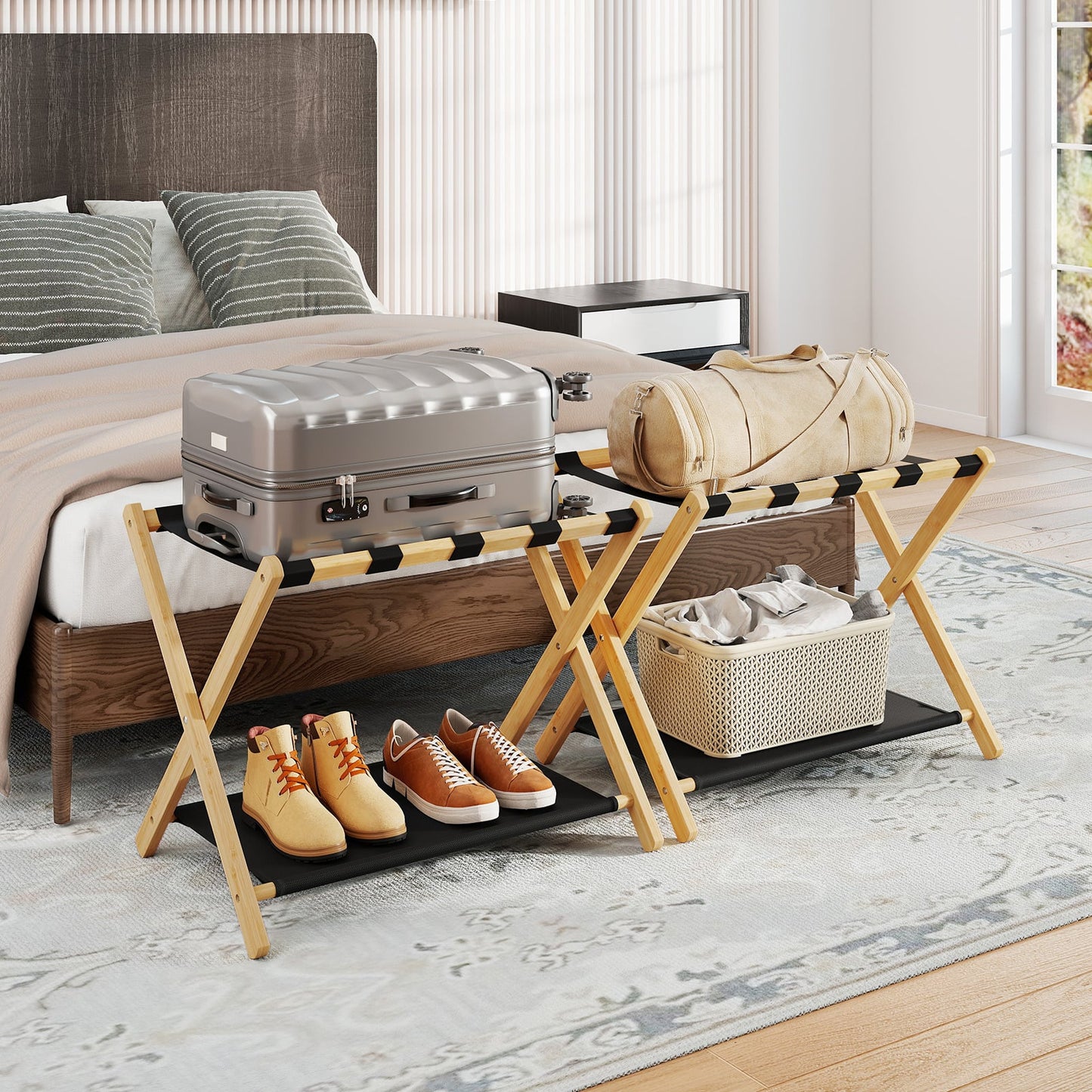 Set of 2 Bamboo Luggage Racks with Nylon Straps and Oxford Cloth Storage Shelves-Natrual