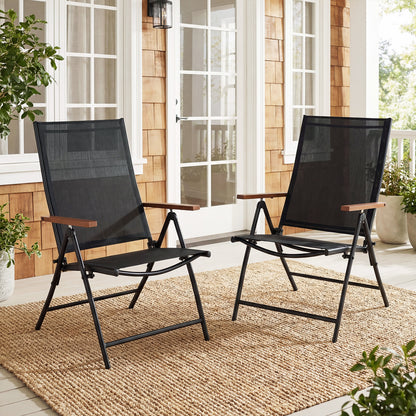 Set of 2 Breathable Fabric Folding Patio Chairs with 5-Position Adjustable Backrests-Black