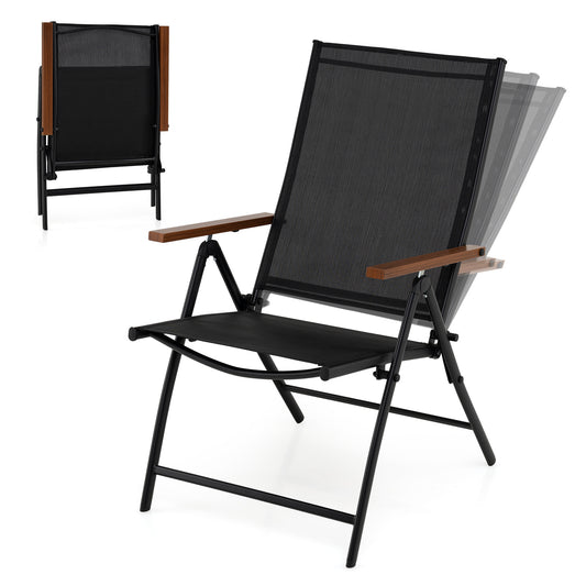 Set of 2 Breathable Fabric Folding Patio Chairs with 5-Position Adjustable Backrests-Black