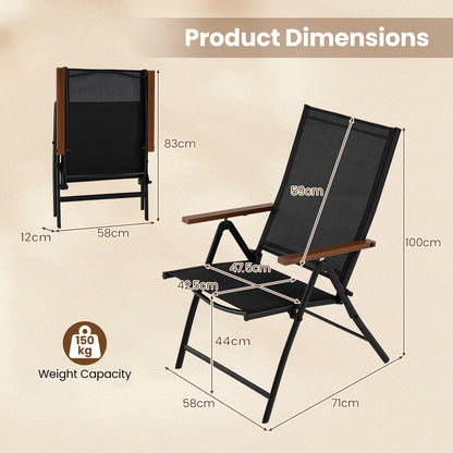 Set of 2 Breathable Fabric Folding Patio Chairs with 5-Position Adjustable Backrests-Black