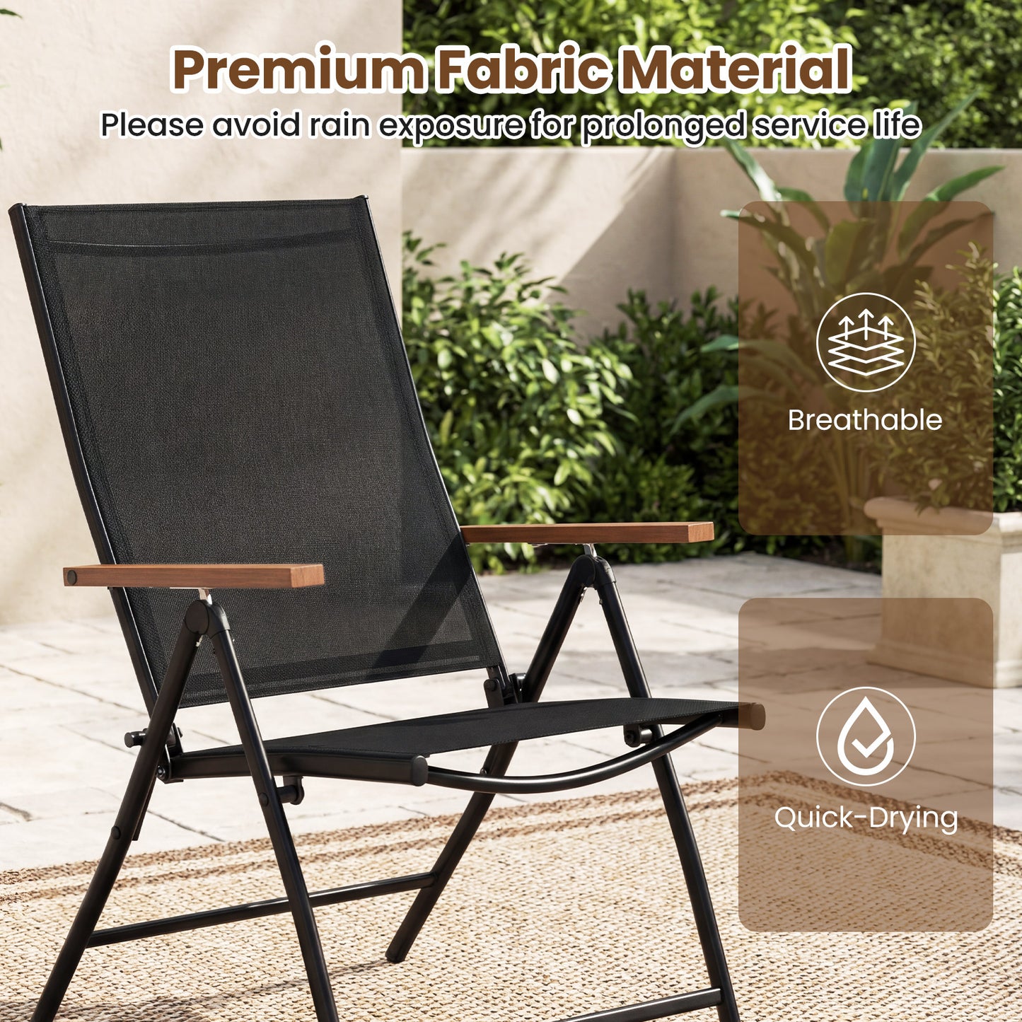 Set of 2 Breathable Fabric Folding Patio Chairs with 5-Position Adjustable Backrests-Black