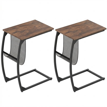 Set of 2 C-Shaped Compact Sofa Side Snack Table for Small Space-Brown