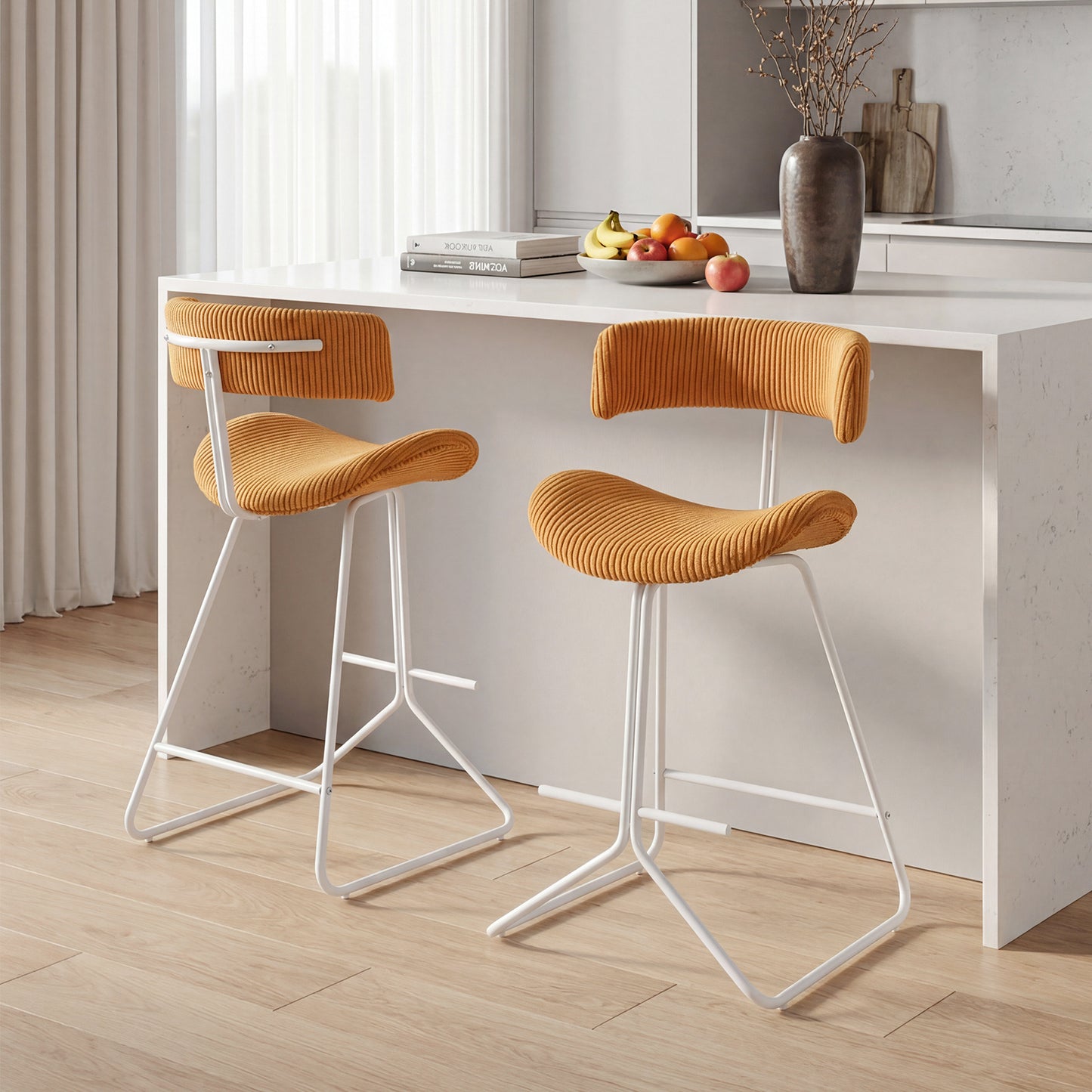 Set of 2 Counter Height Stools 63cm Fabric Upholstered Armless Barstools with Curved Back-Orange