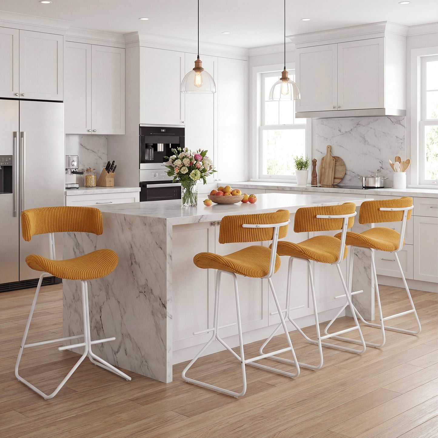 Set of 2 Counter Height Stools 63cm Fabric Upholstered Armless Barstools with Curved Back-Orange