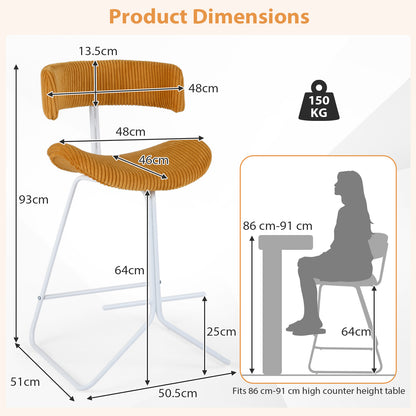 Set of 2 Counter Height Stools 63cm Fabric Upholstered Armless Barstools with Curved Back-Orange