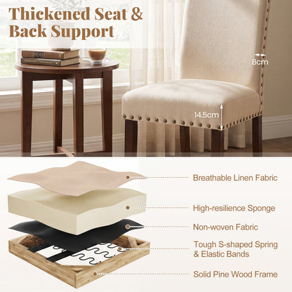 Set of 2 Dining Chairs with High Back, and Solid Rubber Wood Legs-Beige