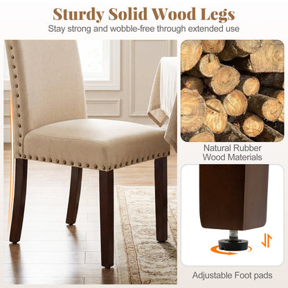 Set of 2 Dining Chairs with High Back, and Solid Rubber Wood Legs-Beige
