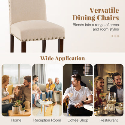 Set of 2 Dining Chairs with High Back, and Solid Rubber Wood Legs-Beige