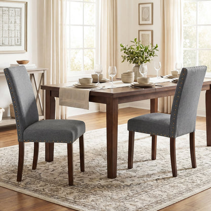 Set of 2 Dining Chairs with High Back, and Solid Rubber Wood Legs-Grey