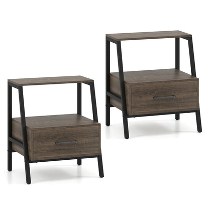 Set of 2 Farmhouse 3-Tier Nightstand with Drawer and Open Shelf-Grey