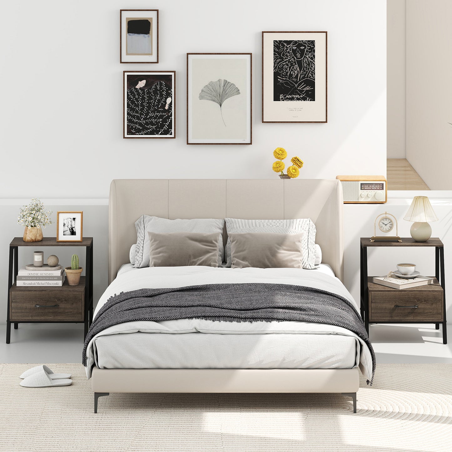 Set of 2 Farmhouse 3-Tier Nightstand with Drawer and Open Shelf-Grey