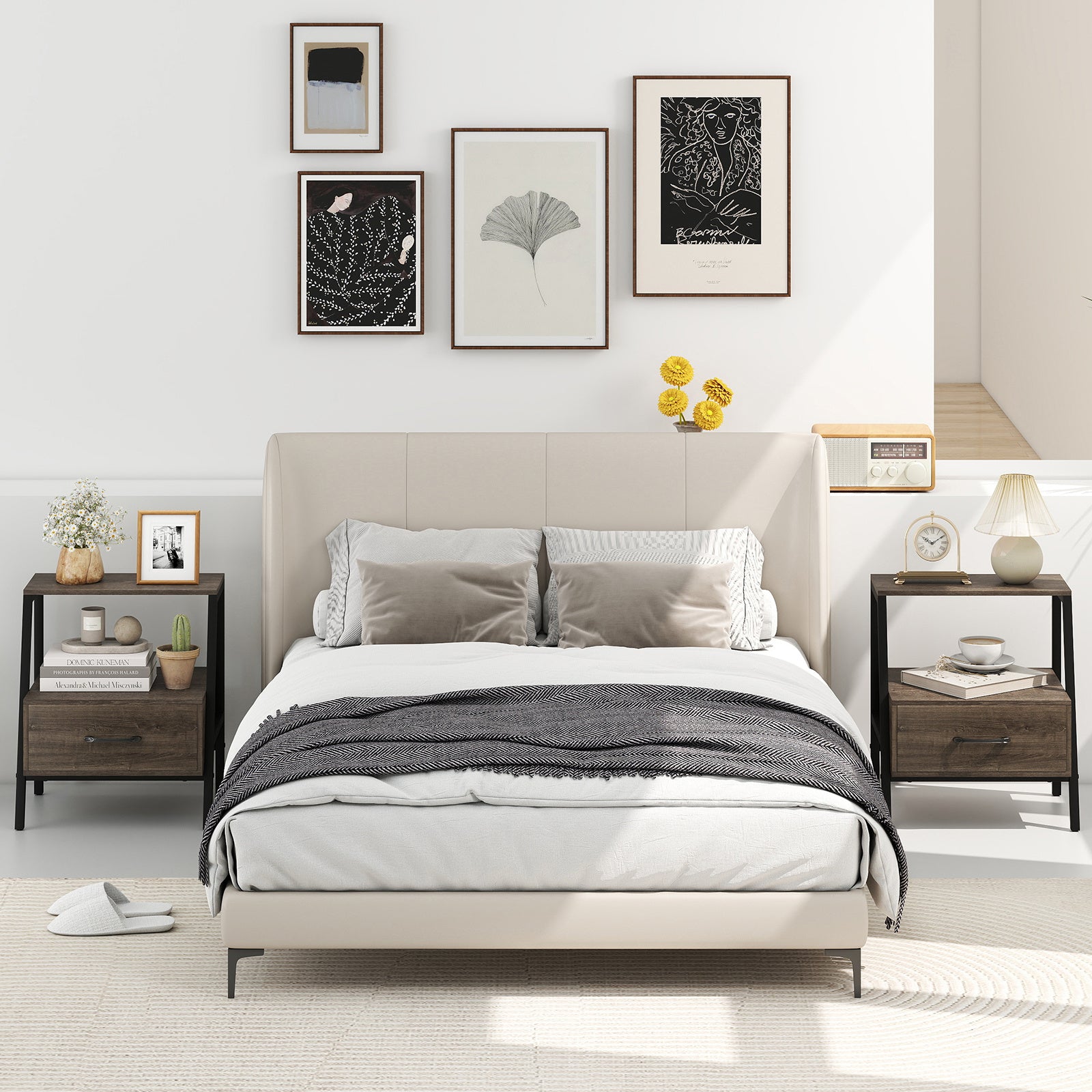Set of 2 Farmhouse 3-Tier Nightstand with Drawer and Open Shelf-Grey