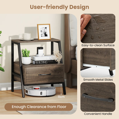 Set of 2 Farmhouse 3-Tier Nightstand with Drawer and Open Shelf-Grey