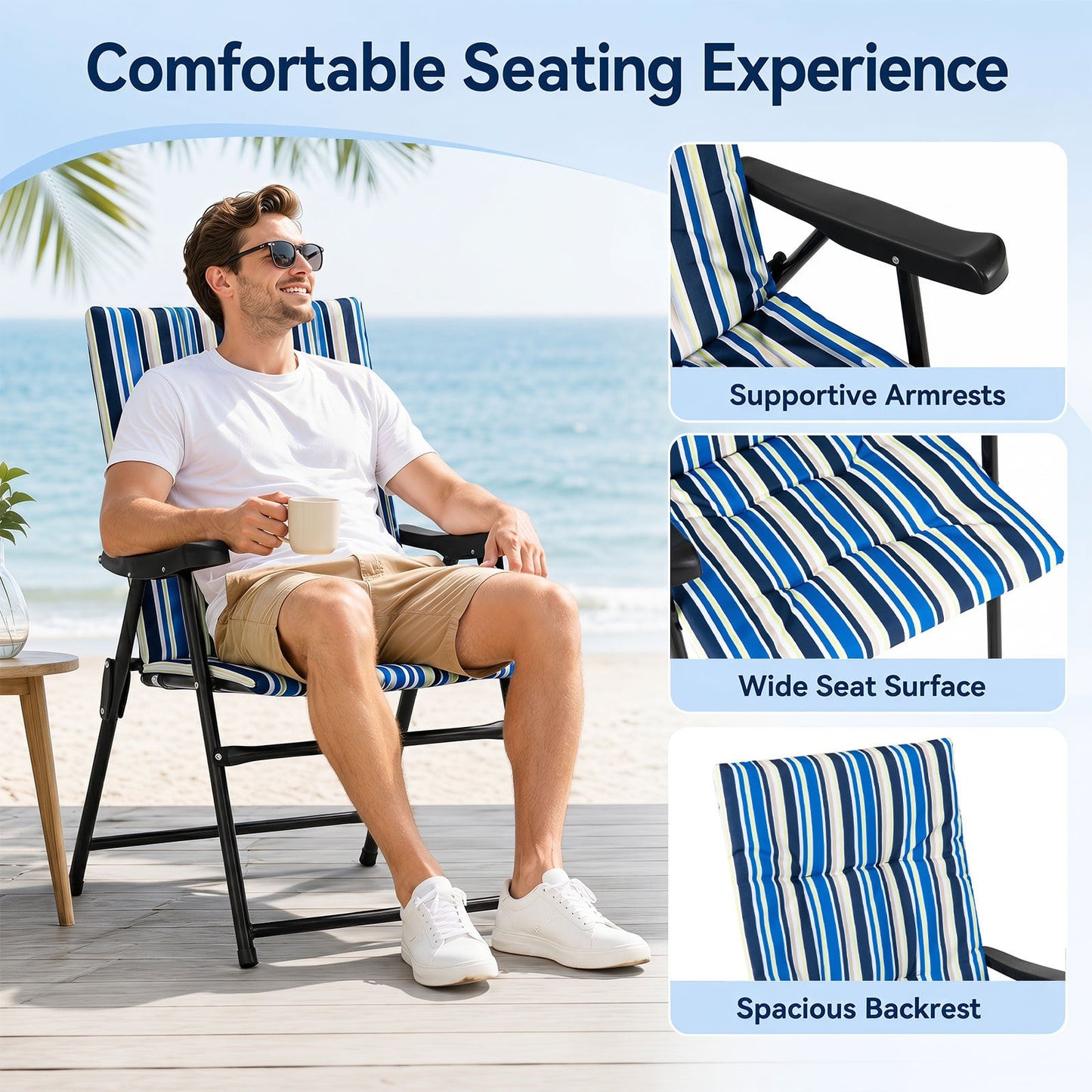 Set of 2 Foldable Beach Chairs with Armrests and Wide Seat-Blue