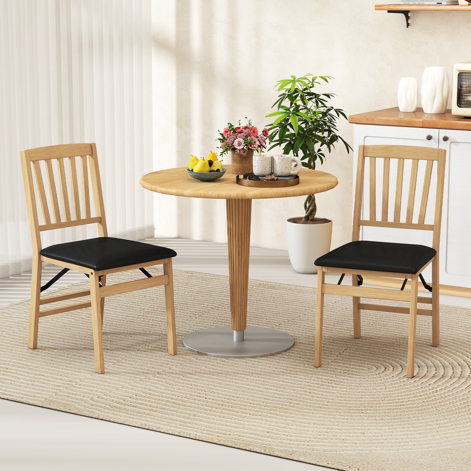 Set of 2 Folding Dining Chair with Rubber Wood Frame and Padded Seat-Black