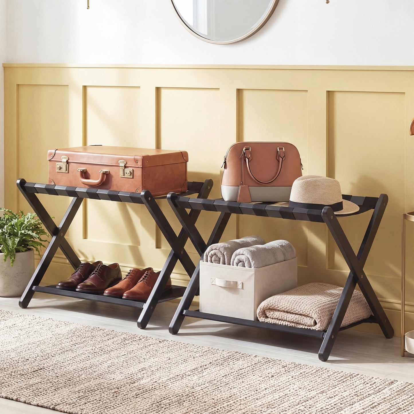 Set of 2 Folding Luggage Rack with Rubberwood Frame for Bedroom-Black
