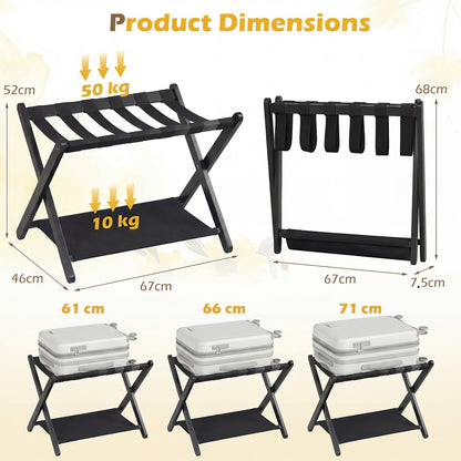 Set of 2 Folding Luggage Rack with Rubberwood Frame for Bedroom-Black