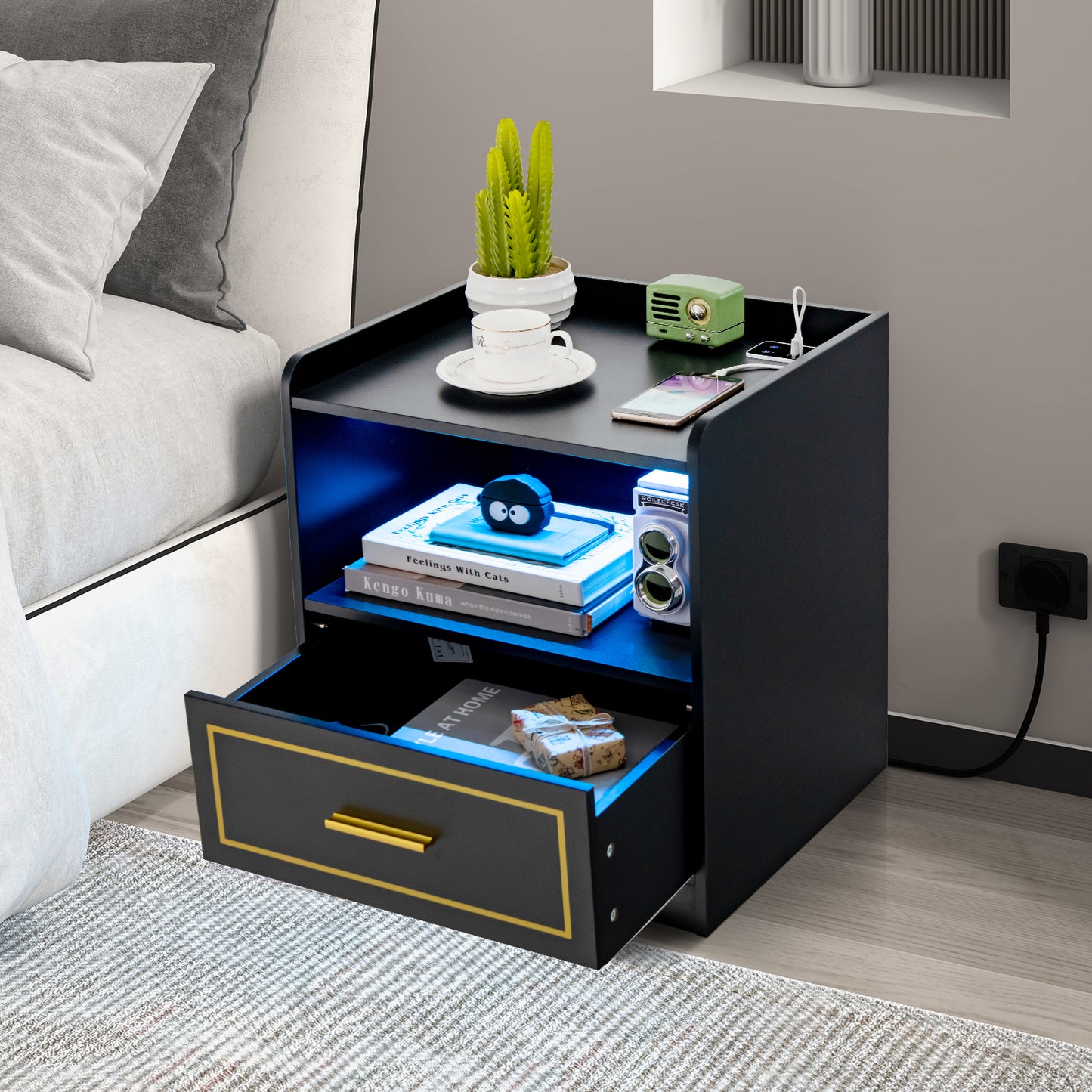 Set of 2 LED Nightstand with USB and Type-C Port-Black