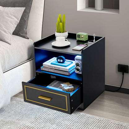 Set of 2 LED Nightstand with USB and Type-C Port-Black