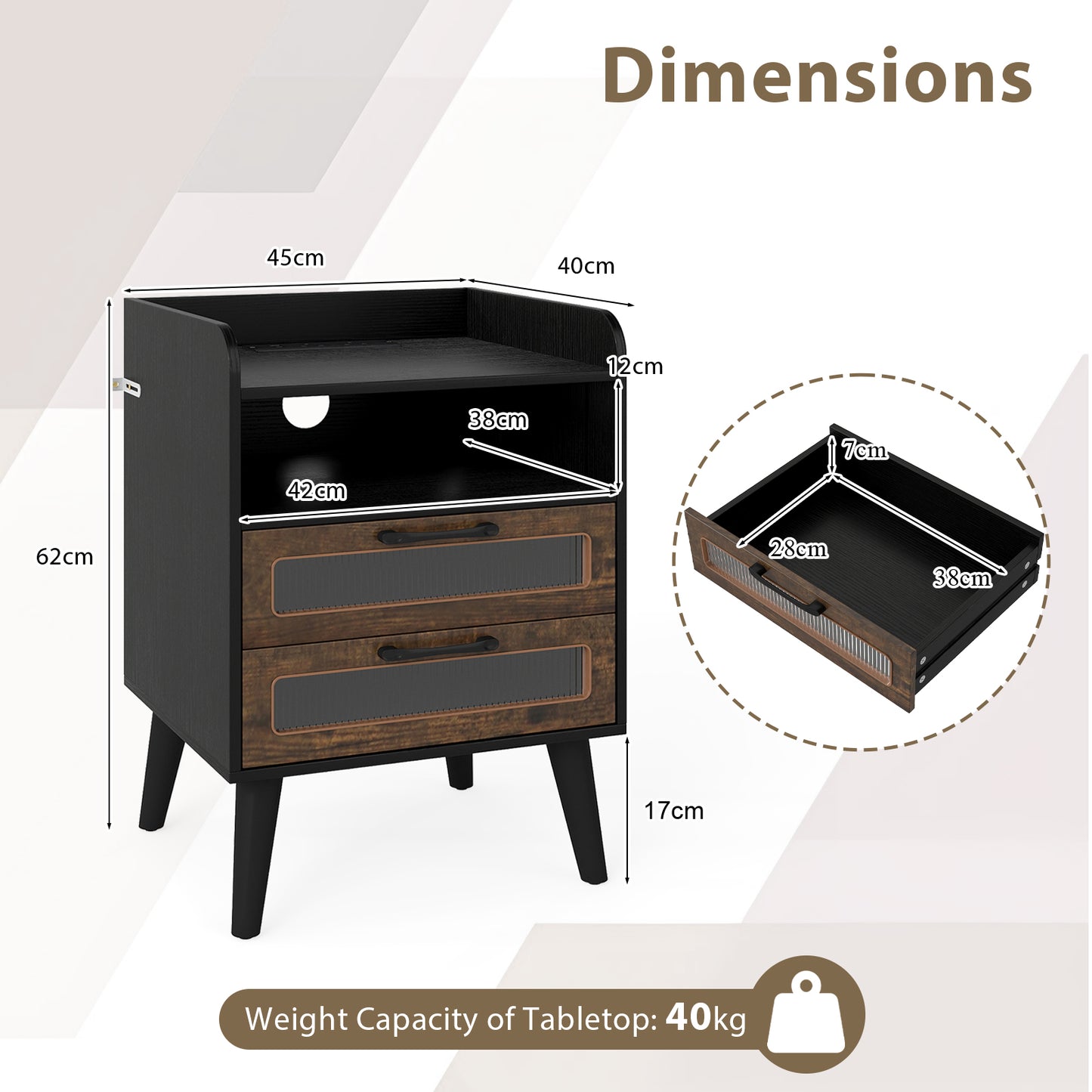 Set of 2 Mid Century Nightstand Modern Bedside Table with Charging Station-Black