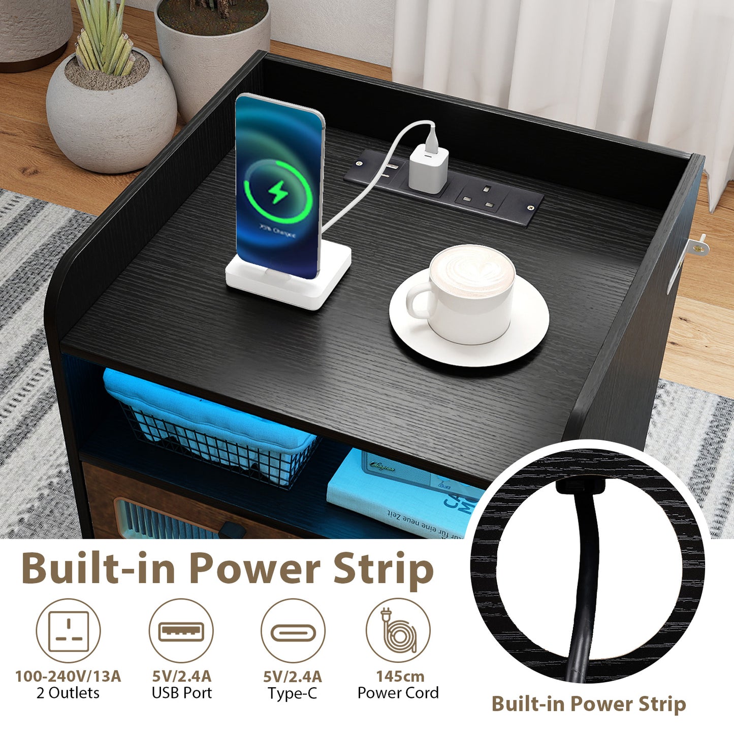 Set of 2 Mid Century Nightstand Modern Bedside Table with Charging Station-Black