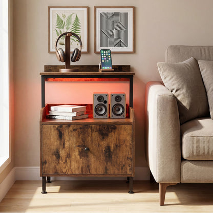 Set of 2 Nightstand Bedside Table with Charging Station-Rustic Brown