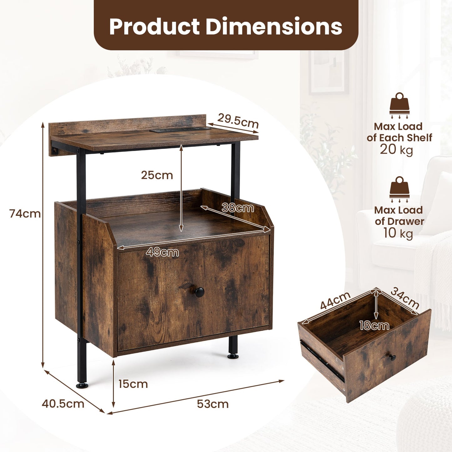 Set of 2 Nightstand Bedside Table with Charging Station-Rustic Brown