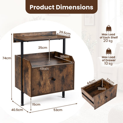 Set of 2 Nightstand Bedside Table with Charging Station-Rustic Brown
