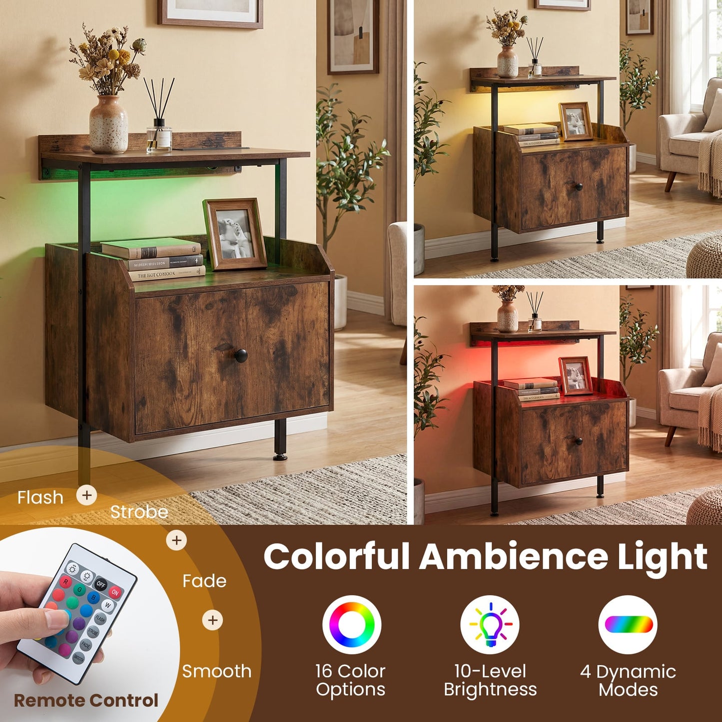 Set of 2 Nightstand Bedside Table with Charging Station-Rustic Brown