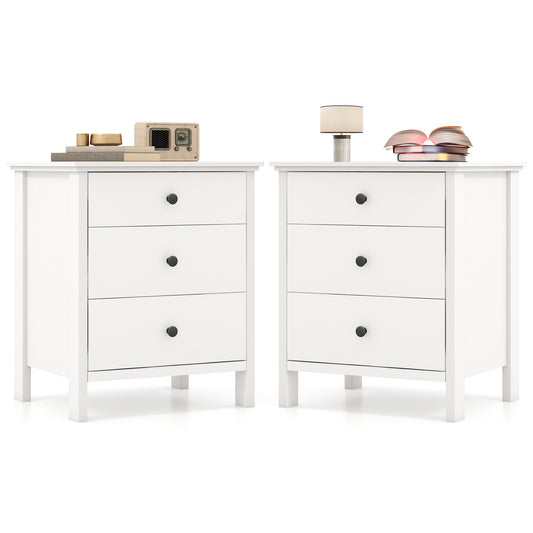 Set of 2 Nightstand with 3 Drawer for Bedroom Compact Storage Chest-White
