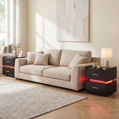 Set of 2 Nightstand with Charging Station and 2 Storage Drawers-Black