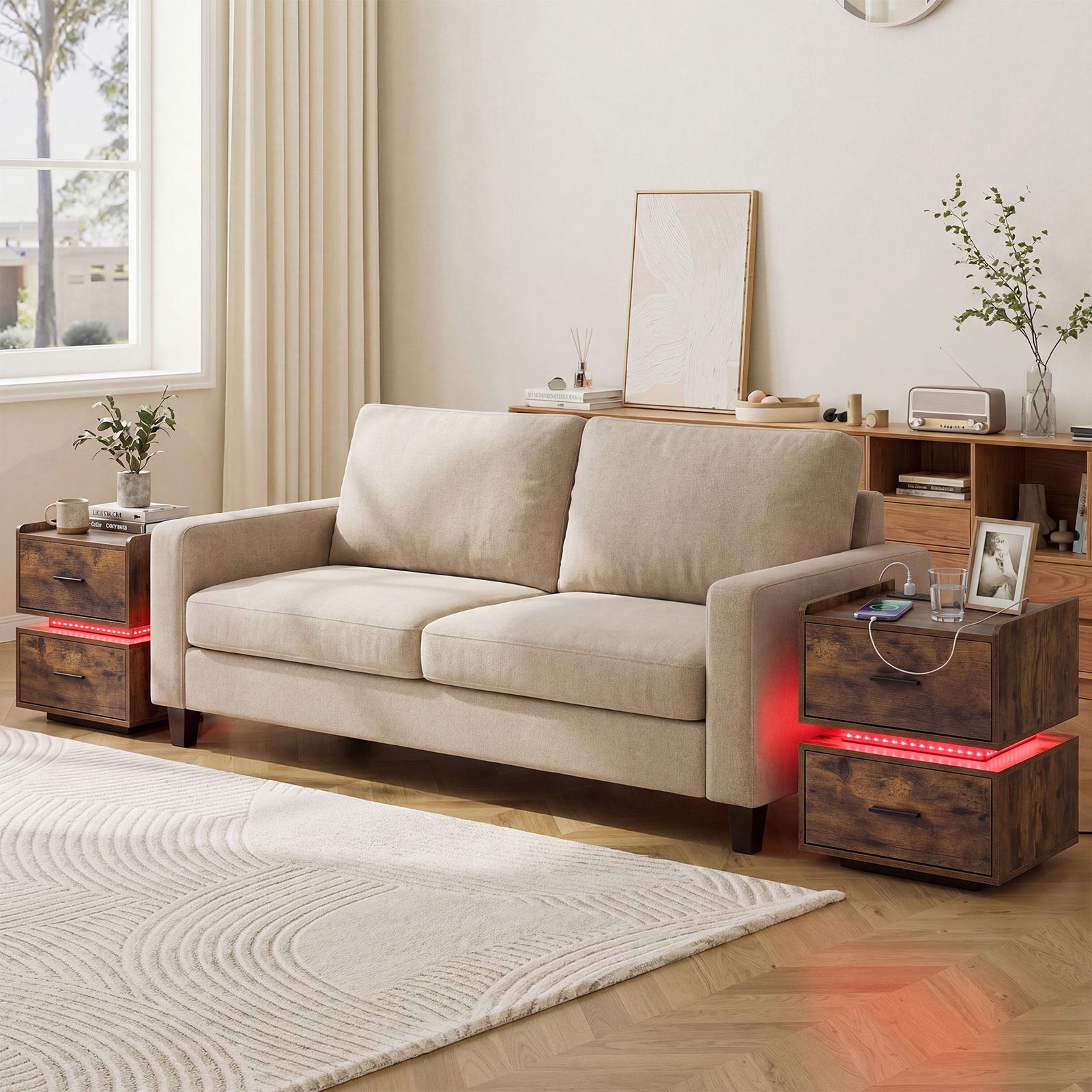 Set of 2 Nightstand with Charging Station and 2 Storage Drawers-Rustic Brown
