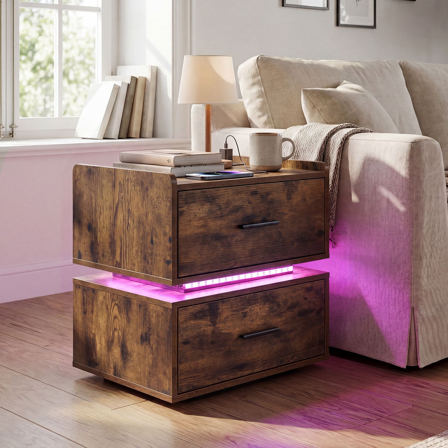 Set of 2 Nightstand with Charging Station and 2 Storage Drawers-Rustic Brown