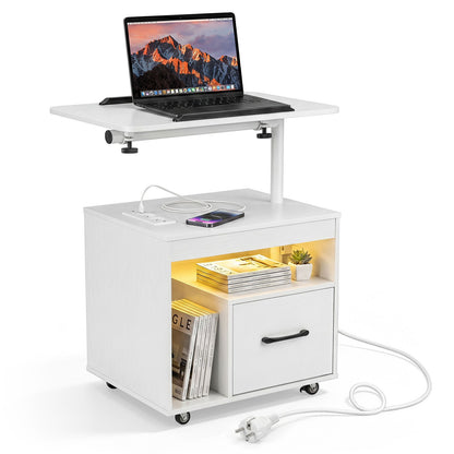 Set of 2 Nightstand with Charging Station and Rotatable Tabletop for Bedroom-White