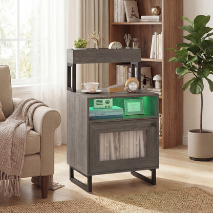 Set of 2 Nightstand with LED Lights Modern End Table with Top Tray-Gray