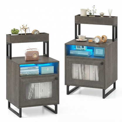 Set of 2 Nightstand with LED Lights Modern End Table with Top Tray-Gray
