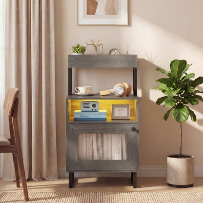 Set of 2 Nightstand with LED Lights Modern End Table with Top Tray-Gray