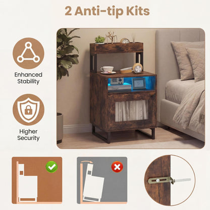 Set of 2 Nightstand with LED Lights Modern End Table with Top Tray-Rustic Brown