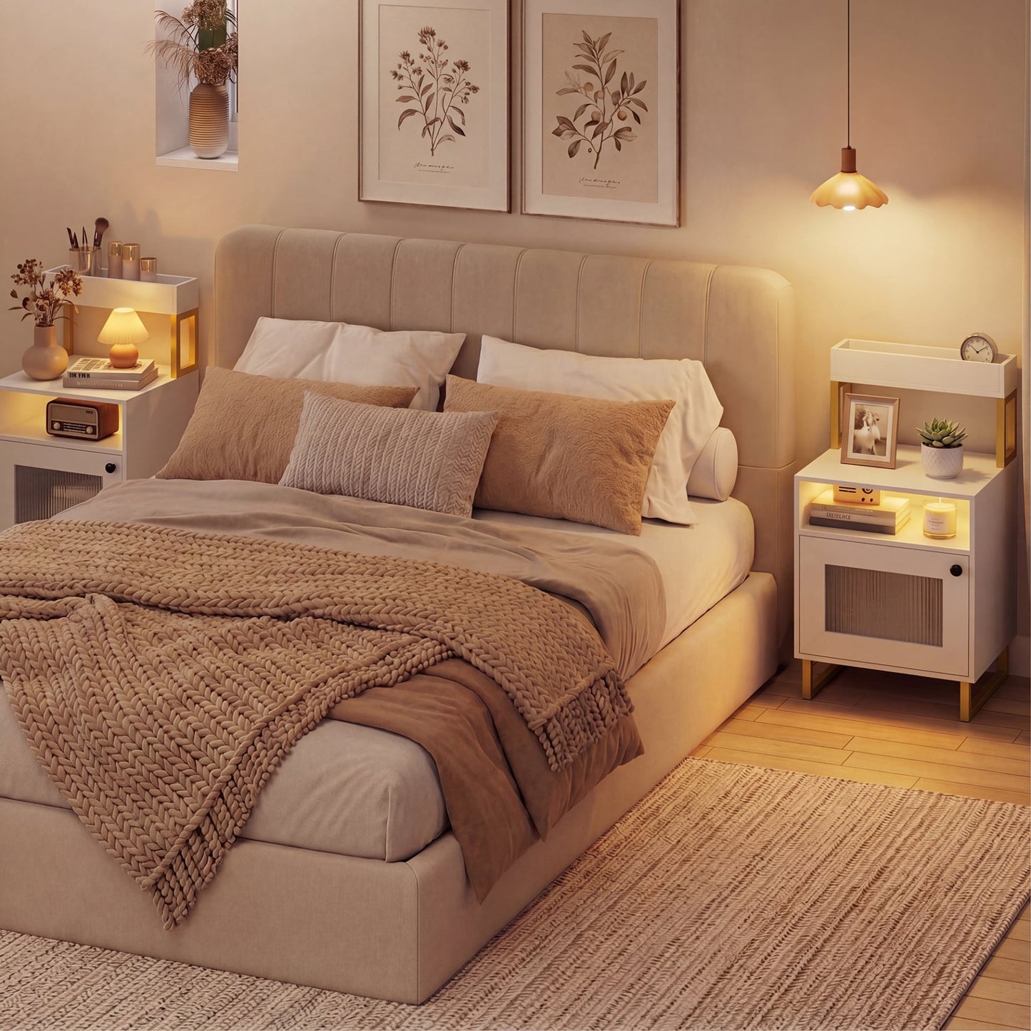 Set of 2 Nightstand with LED Lights Modern End Table with Top Tray-White