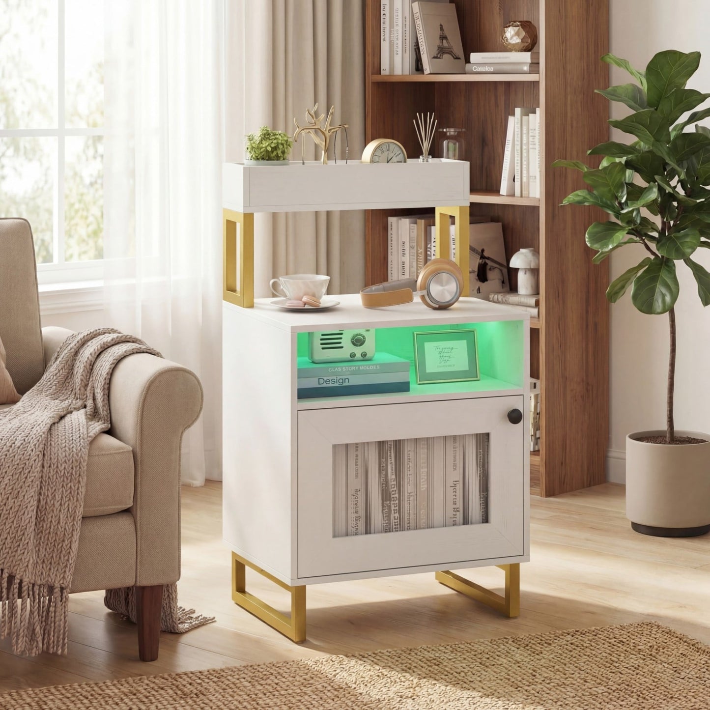 Set of 2 Nightstand with LED Lights Modern End Table with Top Tray-White