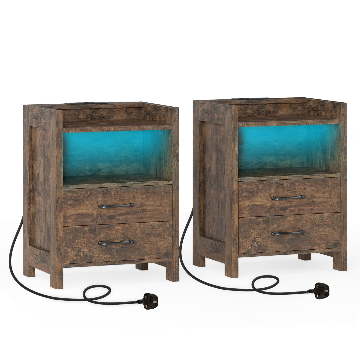Set of 2 Nightstand with LED Lights and Power Outlets for Living Room-Rustic Brown